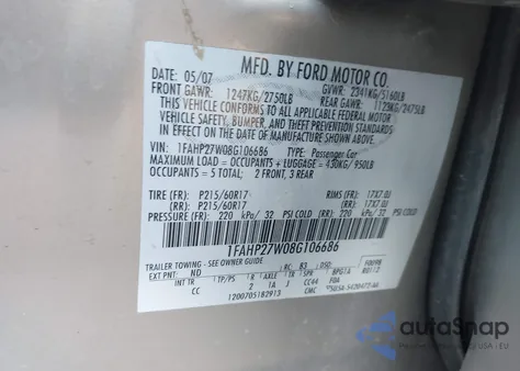 2008 Ford Taurus Sel из США, поврежденный, VIN 1FAHP27W08G106686